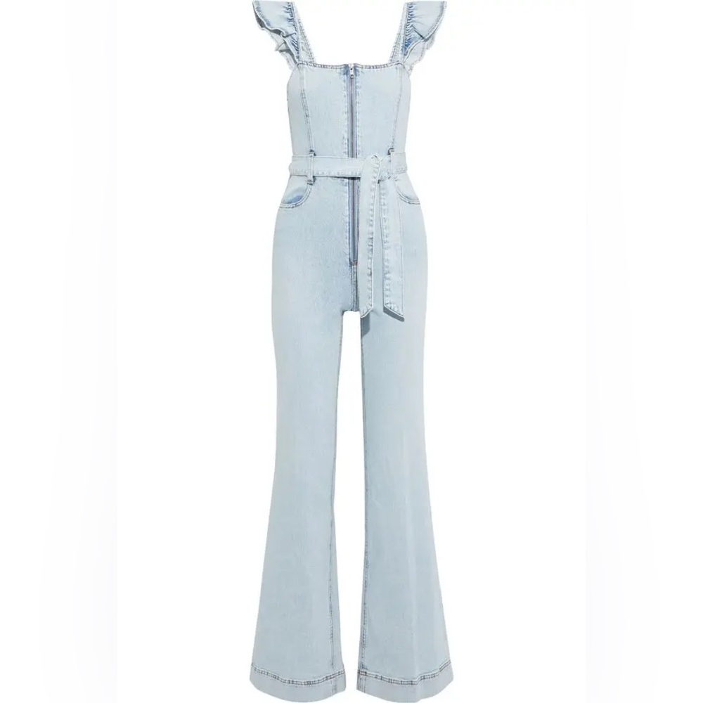 Alice + Olivia Light Wash Denim Ruffle-Strap Jumpsuit